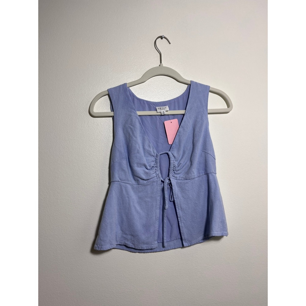Le Lis Collection Periwinkle Blue Tie Front Keyhole Peplum Sleeveless Top